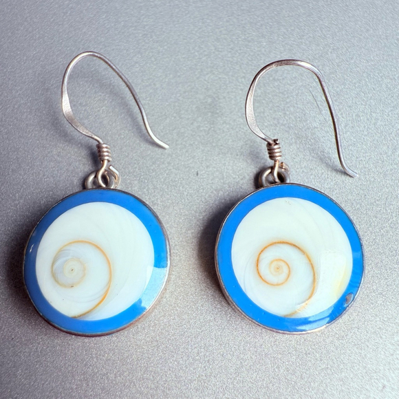 Eye Of Saint Lucia Shell Shiva Sterling Silver 925 Disc Dangle Earrings Evil Eye - Picture 1 of 6